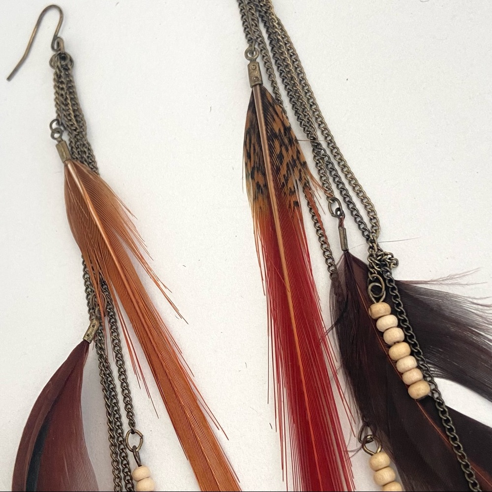 Feather & Wooden Beads Boho Earrings w/ dangling Feathers & Chains - Picture 3 of 5